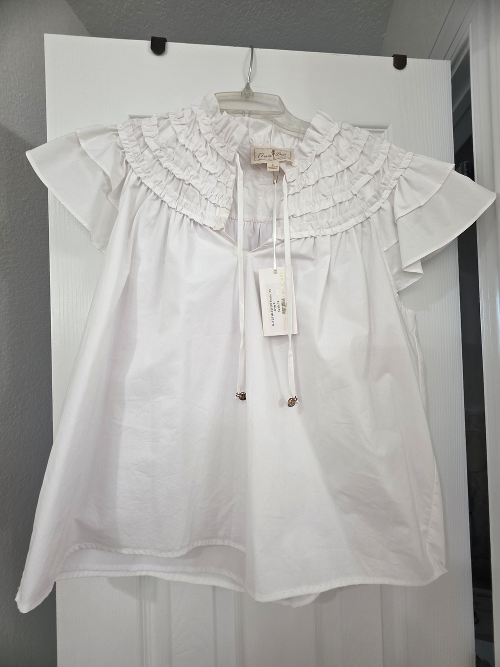 Flora Bea NYC White Ruffle Yoke Flutter Sleeve Top